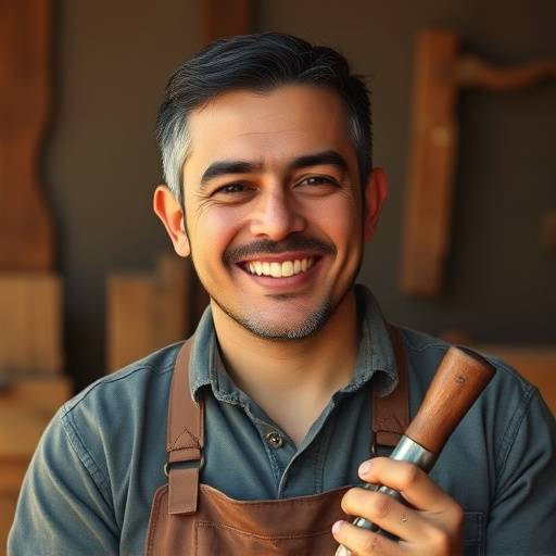 Foto do fundador da empresa, Antônio Ferreira, sorrindo e segurando uma ferramenta de marcenaria.