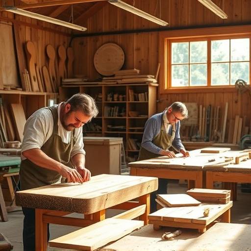 Visão interna da fábrica de móveis da Arte Essencial em Madeira, mostrando artesãos trabalhando com madeira.